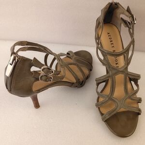 Audrey Brooke Olive Green Strappy Heels Size 8 Leather Zip Back Sandals Pre-Owne
